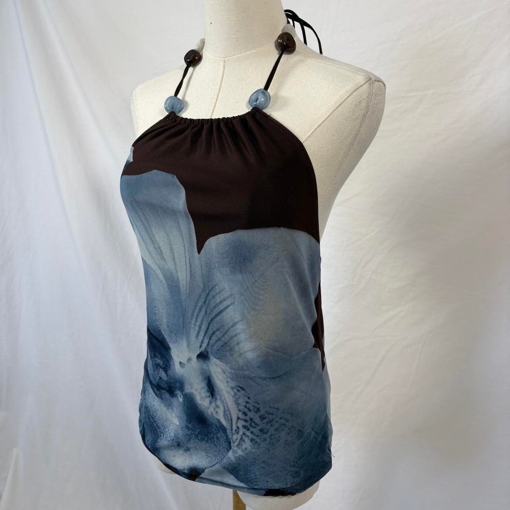Rich & Famous brown blue floral halter top beaded size large y2k boho chic - Picture 3 of 7